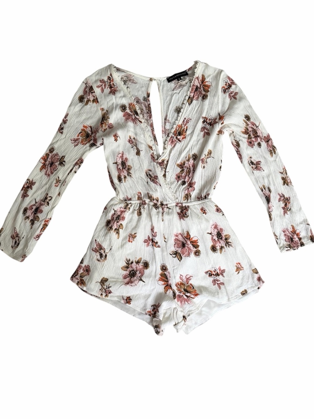 Haute & Rebellious Floral White Long-Sleeve faux wrap Romper Boho Festival S